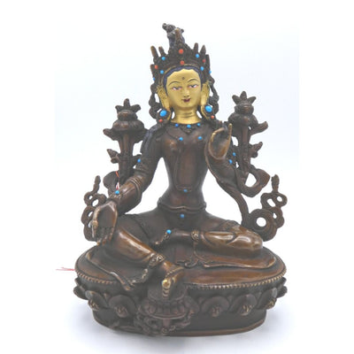 Statue of sitting Green Tara with a gold leaf face